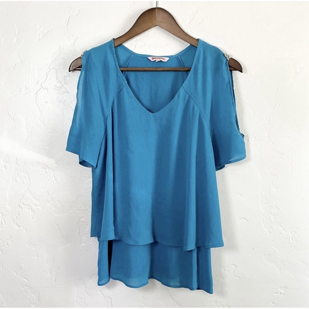 Juicy Couture Teal Cold Shoulder Layered Blouse Top M Y2K 2000s Festival Boho